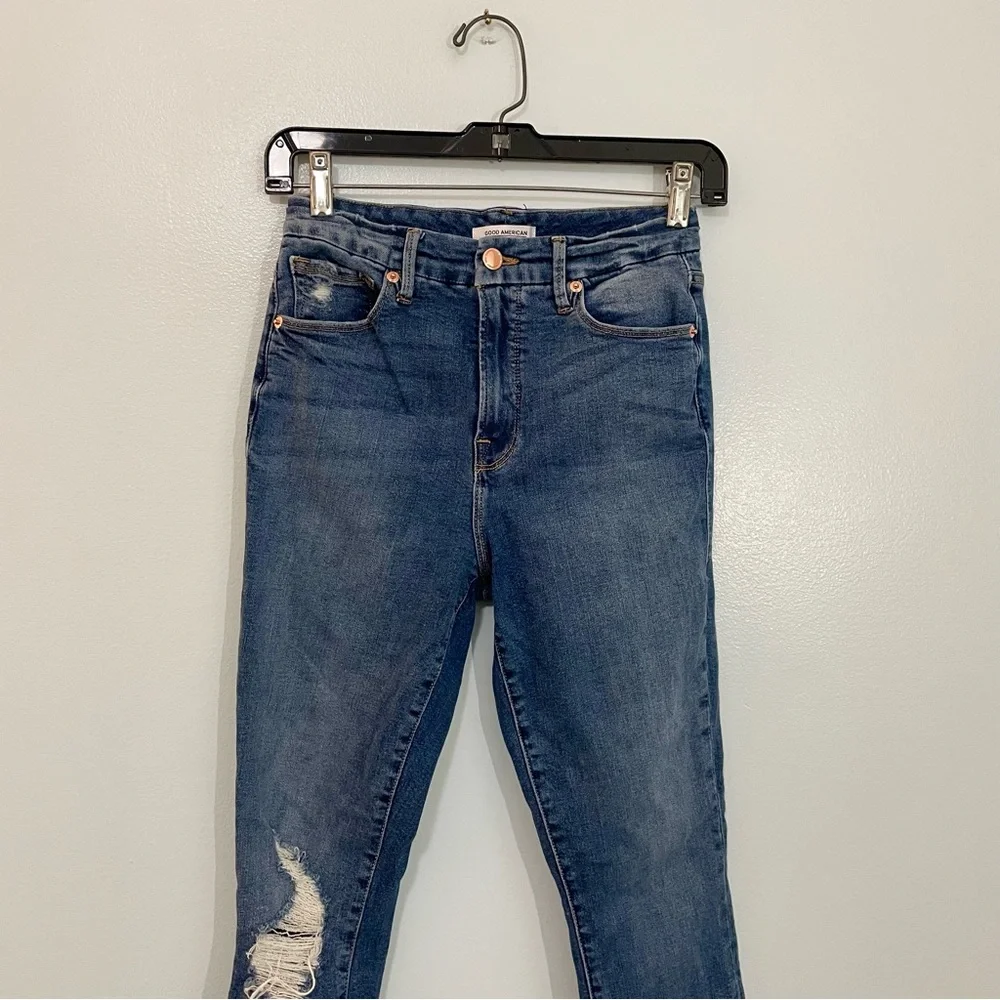 Good American Distressed Good Waist High Rise Skinny Ankle Jean Stretch Blue 28